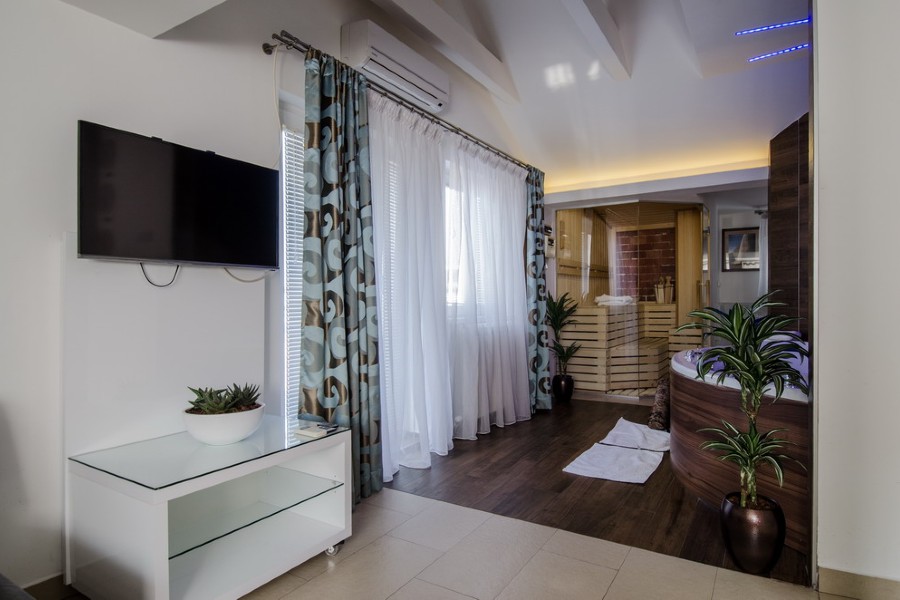 Dnevna soba, sauna, topla klupa i djakuzi - Laguna Spa apartman
